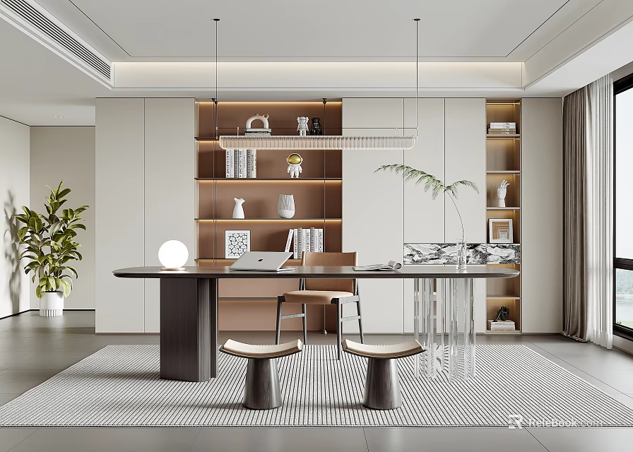 Modern Study Room Interior With Wooden Bookshelves Desk Pendant Lights And Green Plant 3d model 