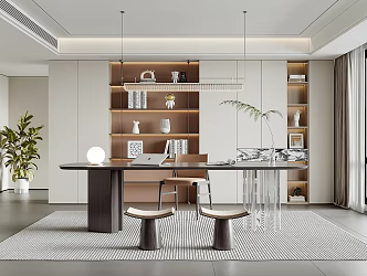 Study Desk and Chair Green Plant Glass Long Chandelier Bookcase 3d model
