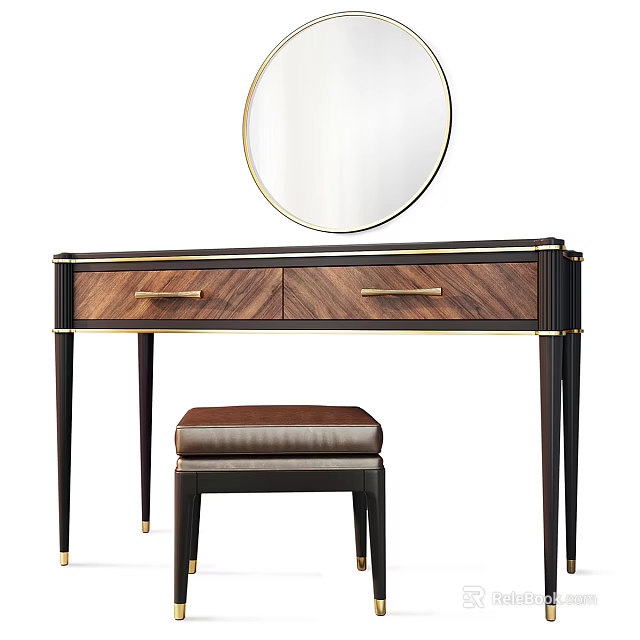 Modern Wooden Dressing Table With Gold Handle Drawers Round Mirror And Stool 3d model 