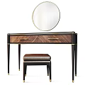 Modern Wooden Dressing Table With Gold Handle Drawers Round Mirror And Stool 3d model