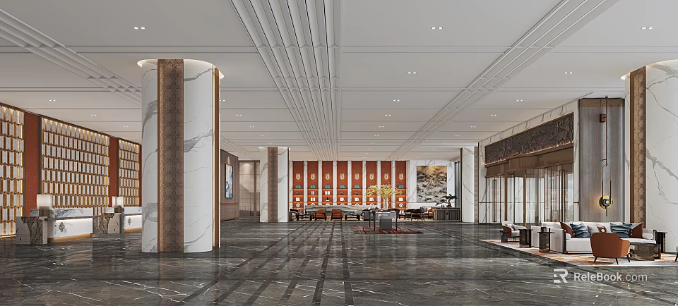 Elegant Hotel Lobby Interior With Marble Columns Linear Ceiling And Sofa Seating Area 3d model