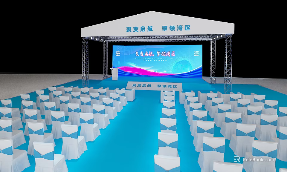 Event Venue Setup With White Tent Stage Blue Floor And Neatly Arranged White Chairs 3d model 