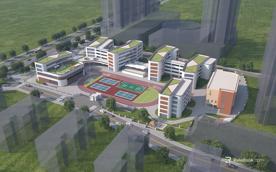 Modern School Buildings With Green Roofs Red Running Track Playground And Surrounding Trees 3d model 