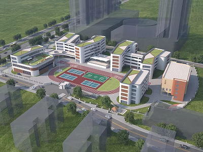 Modern School Buildings With Green Roofs Red Running Track Playground And Surrounding Trees 3d model