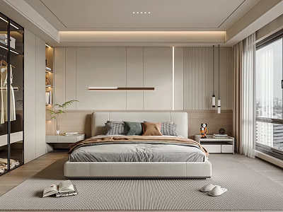 Modern Bedroom Interior With Upholstered Headboard Gray Bedding Pillows Nightstands Hanging Lights And Window View 3d model