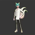 Anime Style Character With Cat Ears And Pink Fox Tail In White Shirt Black Pants