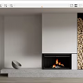 Modern Fireplace Interior Design with Burning Fire Stacked Firewood and Decorative Bowl on Gray Shelf