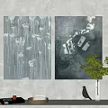 Abstract Paintings On Gray Wall With Green Plant And Decorative Items