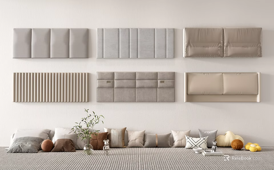 Modern Living Room With Various Grey Beige Wall Panels Sofa Throw Pillows And Green Plant 3d model 