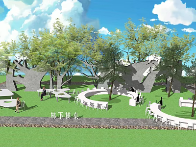 Outdoor Table and Chair Set Under Trees in Natural Garden Setting 3d model