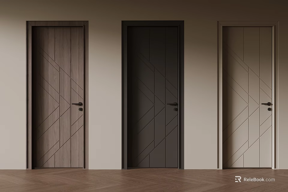 Three Hinged Doors With Diagonal Pattern In Wooden Dark Gray And Beige Colors For Interior 3d model 