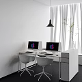Modern Office Desk With Two Apple Monitors White Chairs Pendant Light And Green Plant