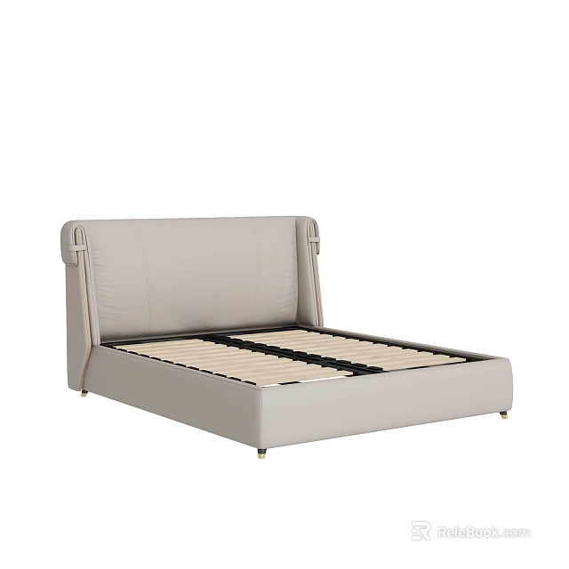 Modern Light Gray Double Bed With Upholstered Headboard And Wooden Slats Frame 3d model 