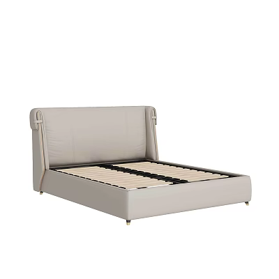 Modern Light Gray Double Bed With Upholstered Headboard And Wooden Slats Frame 3d model