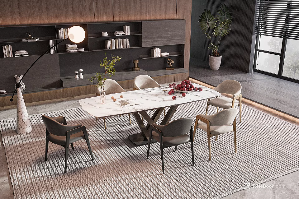 Modern Dining Table Set With Marble Top Stylish Chairs And Area Rug In Interior 3d model 