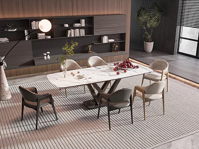 Modern Dining Table Set With Marble Top Stylish Chairs And Area Rug In Interior 3d model