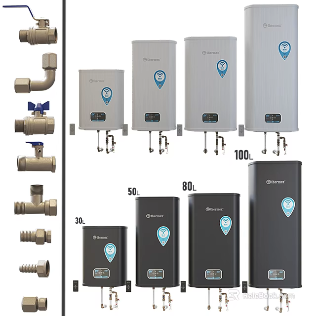Kitchen Appliances Various Capacity Water Heaters With Silver Black Designs And Plumbing Parts 3d model 