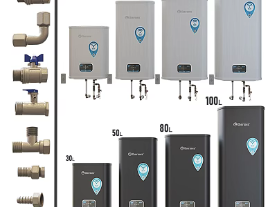 Kitchen Appliances Various Capacity Water Heaters With Silver Black Designs And Plumbing Parts 3d model