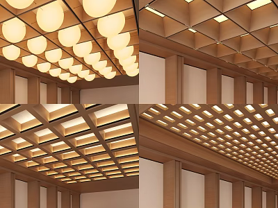 Modern Ceiling Design With Circular Light Fixtures Grid Panels And Wooden Frames 3d model