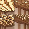 Modern Ceiling Design With Circular Light Fixtures Grid Panels And Wooden Frames