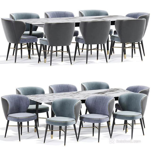 Sleek Modern Rectangular Dining Table Set with Marble Top and Gray Upholstered Chairs Metal Legs 3d model