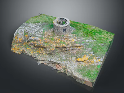Detailed 3D Model of Cliff Featuring Circular Stone Structure Green Grass and Orange Rocks 3d model
