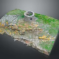 Detailed 3D Model of Cliff Featuring Circular Stone Structure Green Grass and Orange Rocks
