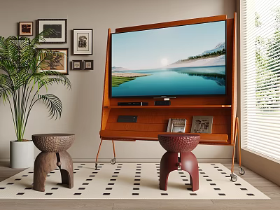 Living Room With Television On Wooden Stand And Decor 3d model
