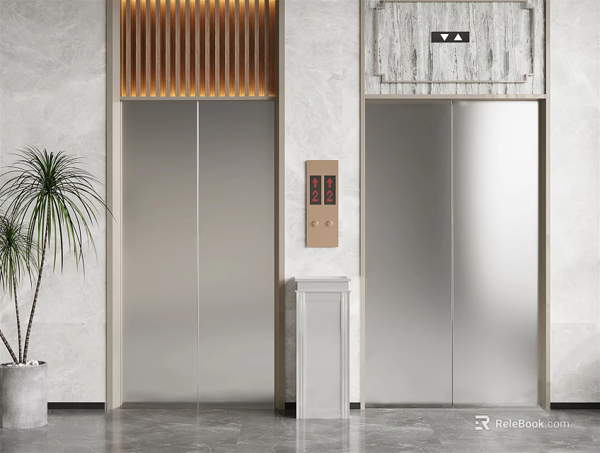 Stainless Steel Elevators In Modern Lobby Interior With Marble Walls Wooden Slat And Potted Plant 3d model 