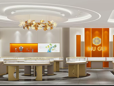 Elegant Modern Luxury Jewelry Store Interior With Golden Display Cases And Soft Lighting 3d model