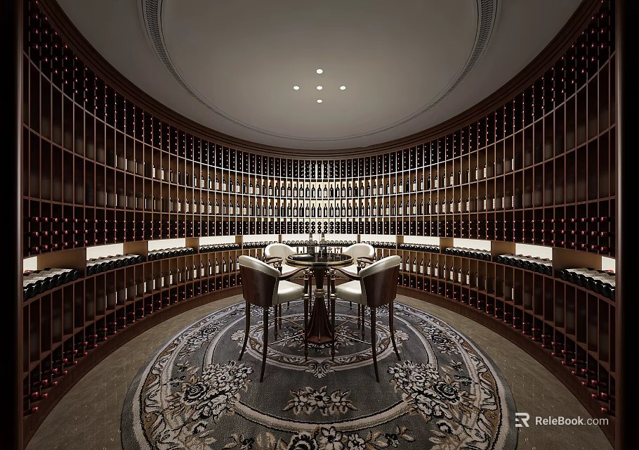 Circular Wine Cellar Interior With Wooden Wine Racks Wine Bottles Central Table And Rug 3d model 
