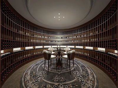 Circular Wine Cellar Interior With Wooden Wine Racks Wine Bottles Central Table And Rug 3d model