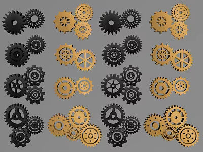 Black And Gold Gears Arranged In Various Patterns For Mechanical Design 3d model