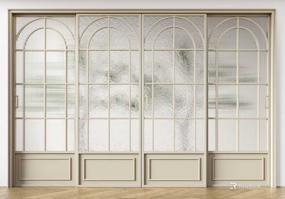 Beige Arched Sliding Doors With Glass Grilles For Modern Interior Design 3d model 