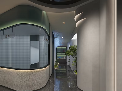 Modern Luxury Restaurant Interior With Curved Design Glass Partition Green Plants And Marble Floor 3d model