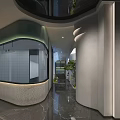 Modern Luxury Restaurant Interior With Curved Design Glass Partition Green Plants And Marble Floor