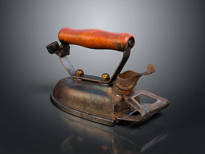 Vintage Household Iron With Wooden Handle And Retro Metal Design 3d model