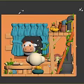 Cute Cartoon Indoor Scene With Blue Cow Curtain Wooden Shelves Round Table And Vine Plants