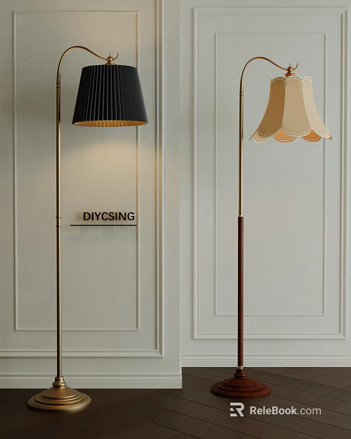 Modern Floor Lamps With Black Pleated And Beige Scalloped Shades For Paneled Wall Interior 3d model 