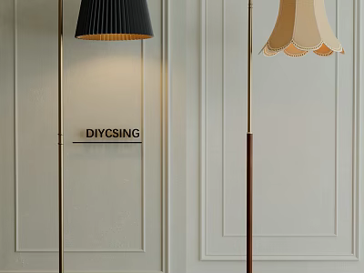Modern Floor Lamps With Black Pleated And Beige Scalloped Shades For Paneled Wall Interior 3d model