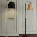 Modern Floor Lamps With Black Pleated And Beige Scalloped Shades For Paneled Wall Interior