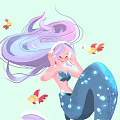 Game Anime Mermaid Character With Long Purple Blue Hair Sparkling Tail And Flying Butterflies Fish