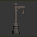 Wooden Lamp Post Structure With Stone Brick Base And Hanging Lantern 3d model
