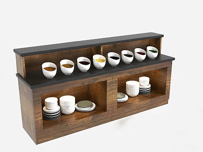 Wooden Layered Kitchen Shelf With White Bowls Cups And Plates 3d model