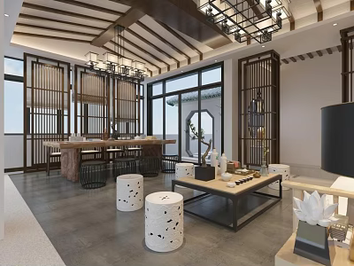 Traditional Chinese Tea House Interior Design With Wooden Beams Lanterns And Tea Tables 3d model