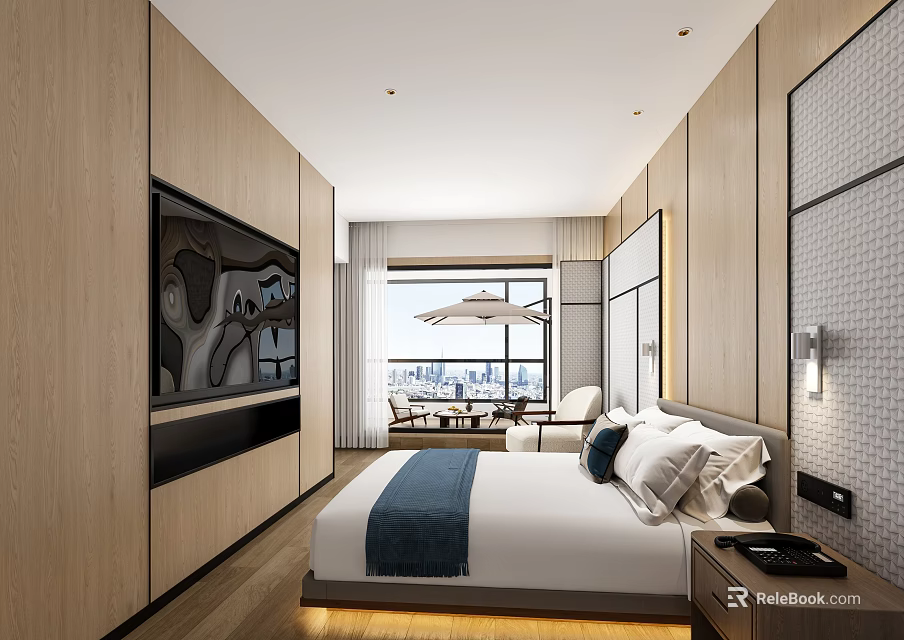 Modern Hotel Room Interior With Wooden Walls Large Screen TV And Floor to Ceiling Windows 3d model 