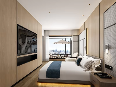 Modern Hotel Room Interior With Wooden Walls Large Screen TV And Floor to Ceiling Windows 3d model