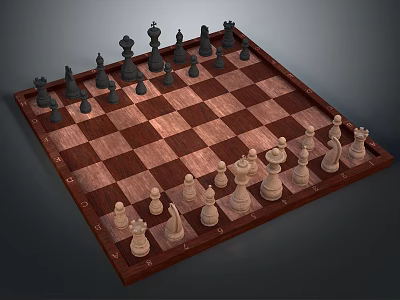Wooden Chessboard With Black And White Pieces As Classic Household Board Game 3d model