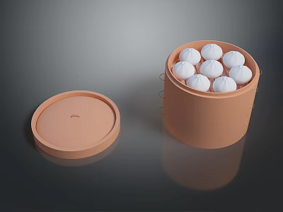 Freshly Steamed White Buns in Bamboo Steamer with Open Lid 3d model