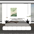 Minimalist Beige Double Bed with Upholstered Headboard Soft Pillows and Bedside Lamp